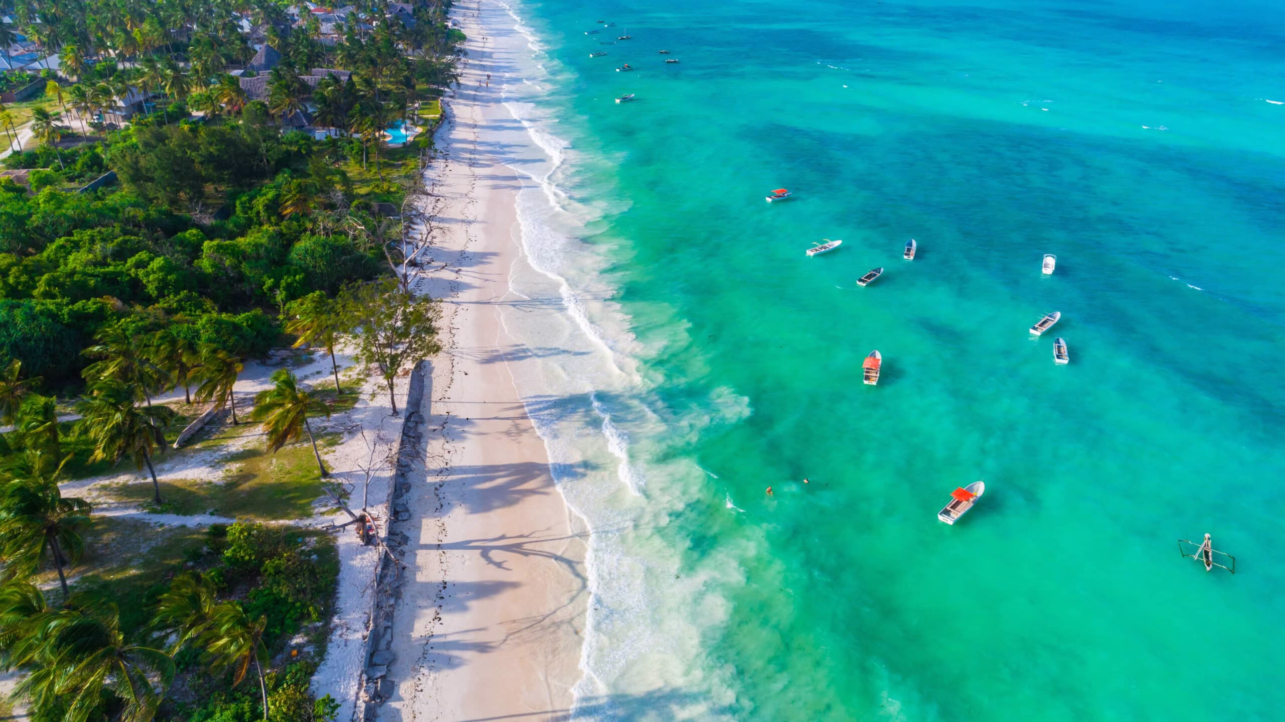 Kitesurfers gliding over turquoise waters at Paje Beach in Zanzibar