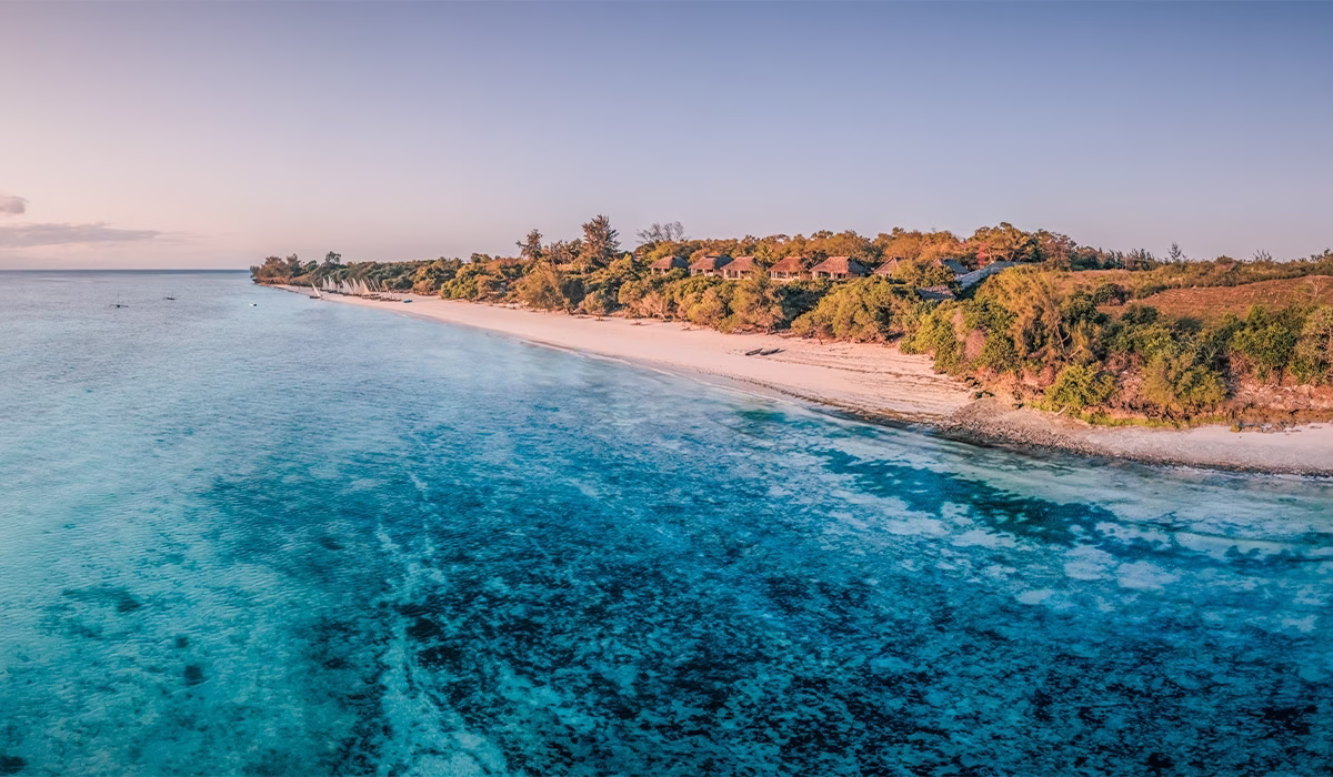 Aerial shot of Pemba Island showing lush greenery, coral reefs, and turquoise ocean