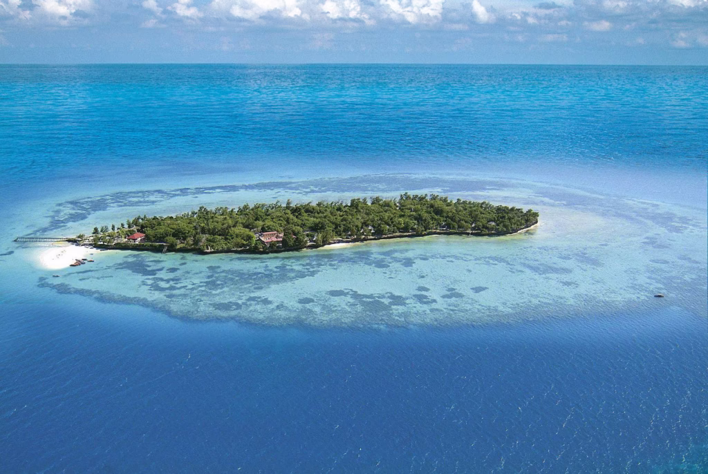 Aerial photo of Prison Island surrounded by turquoise waters near Stone Town Zanzibar